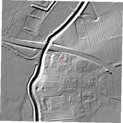 Shaded relief map of the ground around LN50RQ, computed from Environment Agency LiDAR. The ground here sits at about 19 m above sea level and falls 15 m across the surrounding 800 m. Surface water reaching this point runs off ground lying to the south-south-east, 6.5 m higher.