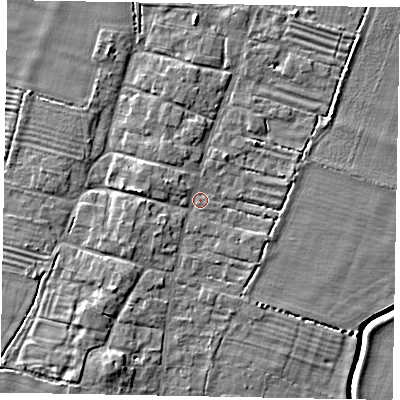 Shaded relief map of the ground around LN50RZ, computed from Environment Agency LiDAR. The ground here sits at about 11 m above sea level and falls 6 m across the surrounding 800 m. Surface water reaching this point runs off ground lying to the south-south-west, 3.6 m higher.