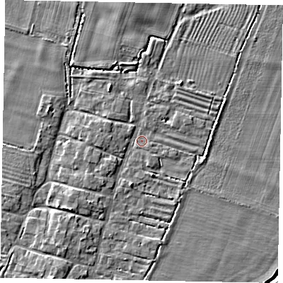Shaded relief map of the ground around LN50SA, computed from Environment Agency LiDAR. The ground here sits at about 11 m above sea level and falls 6 m across the surrounding 800 m. Surface water reaching this point runs off ground lying to the south-west, 2.4 m higher.