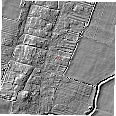 Shaded relief map of the ground around LN50SB, computed from Environment Agency LiDAR. The ground here sits at about 11 m above sea level and falls 6 m across the surrounding 800 m. Surface water reaching this point runs off ground lying to the south-west, 2.0 m higher.