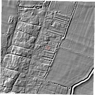 Shaded relief map of the ground around LN50SD, computed from Environment Agency LiDAR. The ground here sits at about 11 m above sea level and falls 6 m across the surrounding 800 m. Surface water reaching this point runs off ground lying to the west, 1.6 m higher.