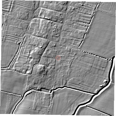 Shaded relief map of the ground around LN50SL, computed from Environment Agency LiDAR. The ground here sits at about 11 m above sea level and falls 6 m across the surrounding 800 m. Surface water reaching this point runs off ground lying to the west-south-west, 3.1 m higher.