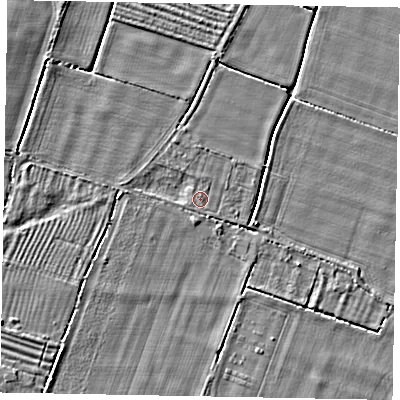 Shaded relief map of the ground around LN50SP, computed from Environment Agency LiDAR. The ground here sits at about 10 m above sea level and falls 3 m across the surrounding 800 m. Surface water reaching this point runs off ground lying to the south-west, 2.3 m higher.