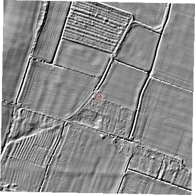 Shaded relief map of the ground around LN50SR, computed from Environment Agency LiDAR. The ground here sits at about 10 m above sea level and falls 4 m across the surrounding 800 m. Surface water reaching this point runs off ground lying to the west, 0.7 m higher.