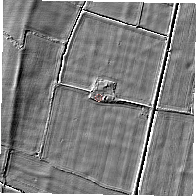 Shaded relief map of the ground around LN50SS, computed from Environment Agency LiDAR. The ground here sits at about 9 m above sea level and falls 4 m across the surrounding 800 m. Surface water reaching this point runs off ground lying to the east, 2.0 m higher.