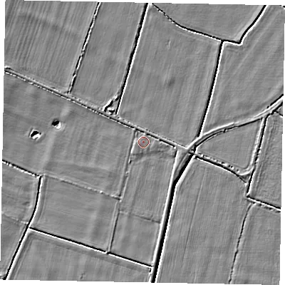 Shaded relief map of the ground around LN50ST, computed from Environment Agency LiDAR. The ground here sits at about 8 m above sea level and falls 4 m across the surrounding 800 m. Surface water reaching this point runs off ground lying to the south, 1.8 m higher.