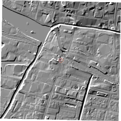 Shaded relief map of the ground around LN57AF, computed from Environment Agency LiDAR. The ground here sits at about 7 m above sea level and falls 11 m across the surrounding 800 m. Surface water reaching this point runs off ground lying to the west, 2.0 m higher.
