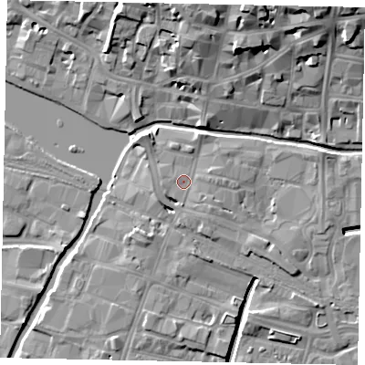 Shaded relief map of the ground around LN57AL, computed from Environment Agency LiDAR. The ground here sits at about 7 m above sea level and falls 18 m across the surrounding 800 m. Surface water reaching this point runs off ground lying to the south-east, 3.4 m higher.