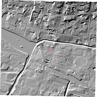 Shaded relief map of the ground around LN57AR, computed from Environment Agency LiDAR. The ground here sits at about 6 m above sea level and falls 22 m across the surrounding 800 m. Surface water reaching this point runs off ground lying to the north-east, 3.5 m higher.