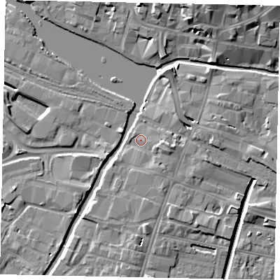 Shaded relief map of the ground around LN57AT, computed from Environment Agency LiDAR. The ground here sits at about 6 m above sea level and falls 13 m across the surrounding 800 m. Surface water reaching this point runs off ground lying to the east-south-east, 2.5 m higher.