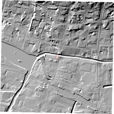 Shaded relief map of the ground around LN57AU, computed from Environment Agency LiDAR. The ground here sits at about 7 m above sea level and falls 28 m across the surrounding 800 m. Surface water reaching this point runs off ground lying to the north-north-east, 23.7 m higher.
