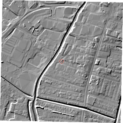 Shaded relief map of the ground around LN57AW, computed from Environment Agency LiDAR. The ground here sits at about 6 m above sea level and falls 7 m across the surrounding 800 m. Surface water reaching this point runs off ground lying to the east, 2.3 m higher.