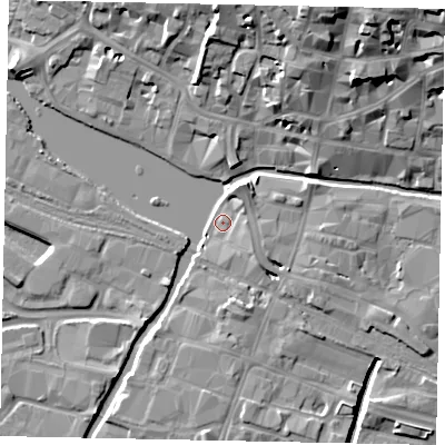 Shaded relief map of the ground around LN57AY, computed from Environment Agency LiDAR. The ground here sits at about 6 m above sea level and falls 20 m across the surrounding 800 m. Surface water reaching this point runs off ground lying to the north-north-east, 2.7 m higher.
