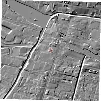 Shaded relief map of the ground around LN57BA, computed from Environment Agency LiDAR. The ground here sits at about 7 m above sea level and falls 8 m across the surrounding 800 m. Surface water reaching this point runs off ground lying to the north-east, 1.8 m higher.