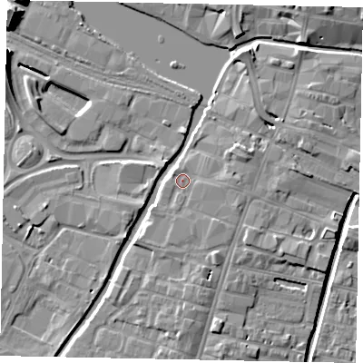 Shaded relief map of the ground around LN57BD, computed from Environment Agency LiDAR. The ground here sits at about 7 m above sea level and falls 10 m across the surrounding 800 m. Surface water reaching this point runs off ground lying to the south-east, 1.3 m higher.