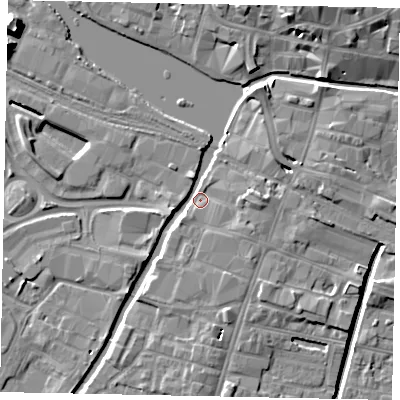 Shaded relief map of the ground around LN57BG, computed from Environment Agency LiDAR. The ground here sits at about 6 m above sea level and falls 11 m across the surrounding 800 m. Surface water reaching this point runs off ground lying to the east, 4.2 m higher.