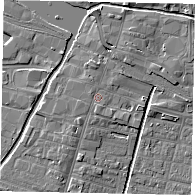 Shaded relief map of the ground around LN57BN, computed from Environment Agency LiDAR. The ground here sits at about 7 m above sea level and falls 6 m across the surrounding 800 m. Surface water reaching this point runs off ground lying to the south-west, 1.9 m higher.
