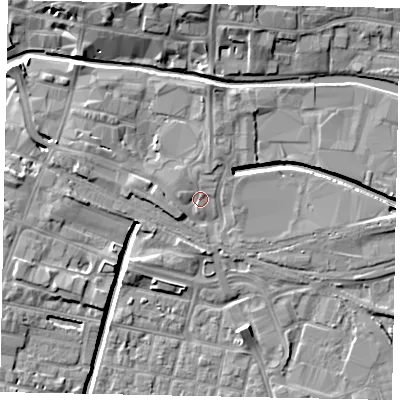 Shaded relief map of the ground around LN57BP, computed from Environment Agency LiDAR. The ground here sits at about 6 m above sea level and falls 10 m across the surrounding 800 m. Surface water reaching this point runs off ground lying to the west-south-west, 2.0 m higher.