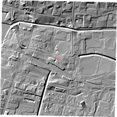 Shaded relief map of the ground around LN57BS, computed from Environment Agency LiDAR. The ground here sits at about 6 m above sea level and falls 11 m across the surrounding 800 m. Surface water reaching this point runs off ground lying to the south-south-west, 1.5 m higher.