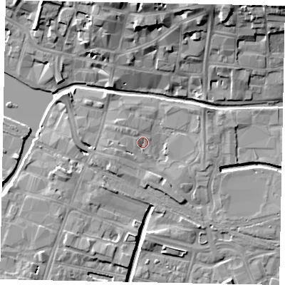 Shaded relief map of the ground around LN57BT, computed from Environment Agency LiDAR. The ground here sits at about 6 m above sea level and falls 17 m across the surrounding 800 m. Surface water reaching this point runs off ground lying to the west-south-west, 2.7 m higher.