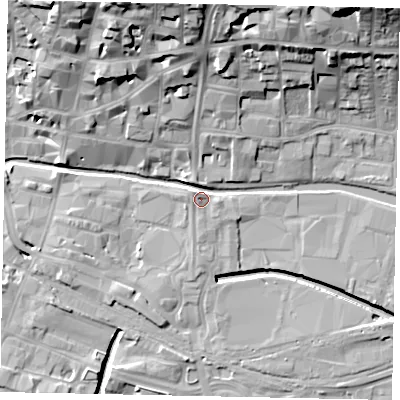 Shaded relief map of the ground around LN57BW, computed from Environment Agency LiDAR. The ground here sits at about 6 m above sea level and falls 22 m across the surrounding 800 m. Surface water reaching this point runs off ground lying to the north-west, 1.2 m higher.