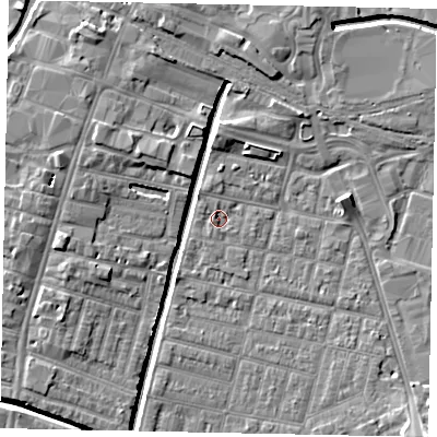 Shaded relief map of the ground around LN57BX, computed from Environment Agency LiDAR. The ground here sits at about 4 m above sea level and falls 8 m across the surrounding 800 m. Surface water reaching this point runs off ground lying to the south-south-west, 1.7 m higher.