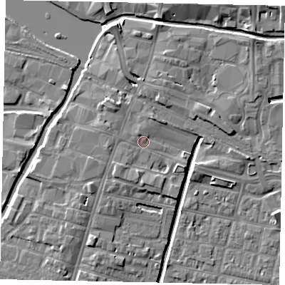 Shaded relief map of the ground around LN57DB, computed from Environment Agency LiDAR. The ground here sits at about 6 m above sea level and falls 7 m across the surrounding 800 m. Surface water reaching this point runs off ground lying to the south-west, 2.3 m higher.