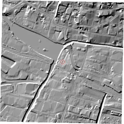 Shaded relief map of the ground around LN57DG, computed from Environment Agency LiDAR. The ground here sits at about 6 m above sea level and falls 17 m across the surrounding 800 m. Surface water reaching this point runs off ground lying to the east-south-east, 2.9 m higher.
