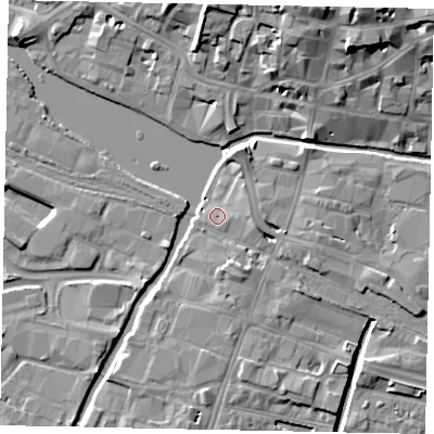Shaded relief map of the ground around LN57DH, computed from Environment Agency LiDAR. The ground here sits at about 6 m above sea level and falls 16 m across the surrounding 800 m. Surface water reaching this point runs off ground lying to the east-south-east, 2.1 m higher.