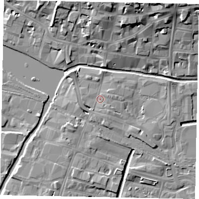 Shaded relief map of the ground around LN57DP, computed from Environment Agency LiDAR. The ground here sits at about 7 m above sea level and falls 18 m across the surrounding 800 m. Surface water reaching this point runs off ground lying to the south-east, 3.4 m higher.