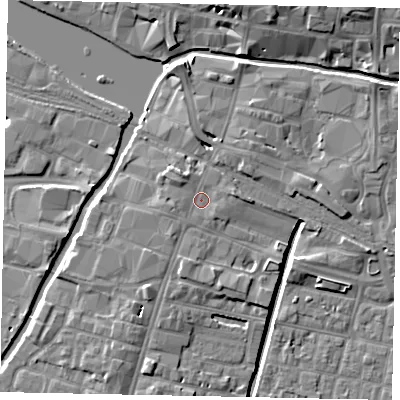 Shaded relief map of the ground around LN57DQ, computed from Environment Agency LiDAR. The ground here sits at about 7 m above sea level and falls 9 m across the surrounding 800 m. Surface water reaching this point runs off ground lying to the south-east, 0.7 m higher.