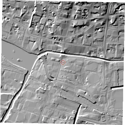 Shaded relief map of the ground around LN57DR, computed from Environment Agency LiDAR. The ground here sits at about 6 m above sea level and falls 22 m across the surrounding 800 m. Surface water reaching this point runs off ground lying to the north, 3.5 m higher.