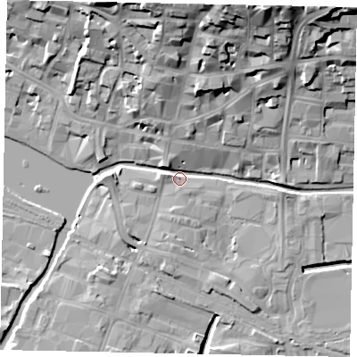Shaded relief map of the ground around LN57DU, computed from Environment Agency LiDAR. The ground here sits at about 6 m above sea level and falls 27 m across the surrounding 800 m. Surface water reaching this point runs off ground lying to the north-north-east, 23.1 m higher.