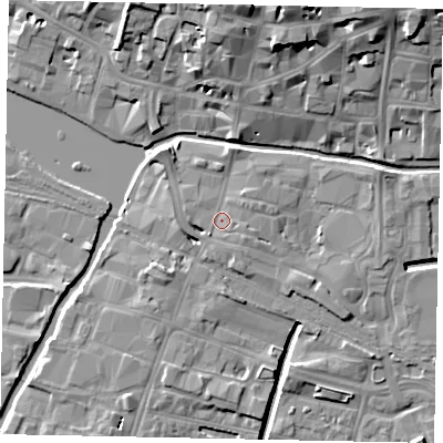 Shaded relief map of the ground around LN57DW, computed from Environment Agency LiDAR. The ground here sits at about 7 m above sea level and falls 17 m across the surrounding 800 m. Surface water reaching this point runs off ground lying to the south-west, 3.3 m higher.