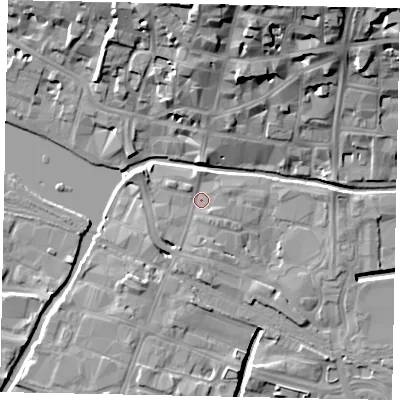 Shaded relief map of the ground around LN57DZ, computed from Environment Agency LiDAR. The ground here sits at about 6 m above sea level and falls 21 m across the surrounding 800 m. Surface water reaching this point runs off ground lying to the north, 3.5 m higher.