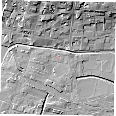 Shaded relief map of the ground around LN57EJ, computed from Environment Agency LiDAR. The ground here sits at about 6 m above sea level and falls 20 m across the surrounding 800 m. The ground contributing surface water to this point lies to the north-west.