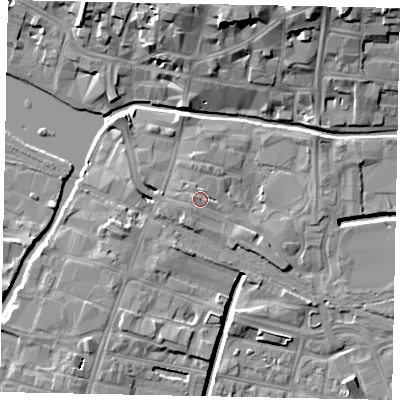 Shaded relief map of the ground around LN57EQ, computed from Environment Agency LiDAR. The ground here sits at about 7 m above sea level and falls 15 m across the surrounding 800 m. Surface water reaching this point runs off ground lying to the west-north-west, 1.2 m higher.
