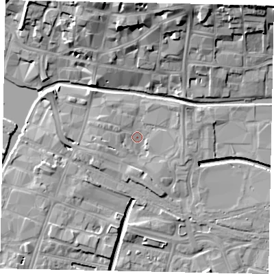 Shaded relief map of the ground around LN57ET, computed from Environment Agency LiDAR. The ground here sits at about 6 m above sea level and falls 17 m across the surrounding 800 m. Surface water reaching this point runs off ground lying to the west-south-west, 2.7 m higher.