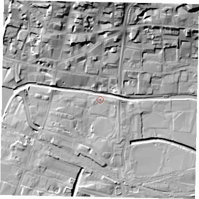 Shaded relief map of the ground around LN57EU, computed from Environment Agency LiDAR. The ground here sits at about 6 m above sea level and falls 23 m across the surrounding 800 m. Surface water reaching this point runs off ground lying to the north, 12.1 m higher.