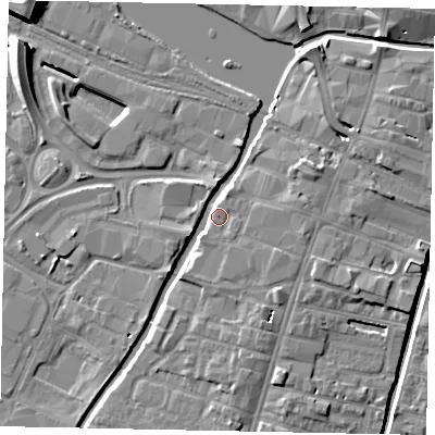 Shaded relief map of the ground around LN57EX, computed from Environment Agency LiDAR. The ground here sits at about 7 m above sea level and falls 10 m across the surrounding 800 m. Surface water reaching this point runs off ground lying to the east-north-east, 4.2 m higher.