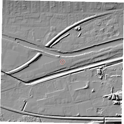 Shaded relief map of the ground around LN57FB, computed from Environment Agency LiDAR. The ground here sits at about 5 m above sea level and falls 12 m across the surrounding 800 m. The ground contributing surface water to this point lies to the east-south-east.