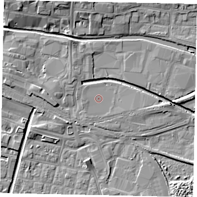 Shaded relief map of the ground around LN57FD, computed from Environment Agency LiDAR. The ground here sits at about 5 m above sea level and falls 10 m across the surrounding 800 m. Surface water reaching this point runs off ground lying to the west-south-west, 0.7 m higher.