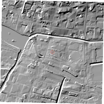 Shaded relief map of the ground around LN57HB, computed from Environment Agency LiDAR. The ground here sits at about 7 m above sea level and falls 18 m across the surrounding 800 m. Surface water reaching this point runs off ground lying to the south, 0.7 m higher.