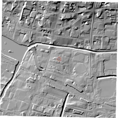 Shaded relief map of the ground around LN57HE, computed from Environment Agency LiDAR. The ground here sits at about 7 m above sea level and falls 20 m across the surrounding 800 m. Surface water reaching this point runs off ground lying to the south-west, 0.6 m higher.