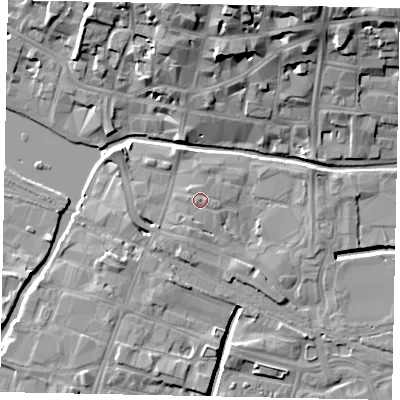 Shaded relief map of the ground around LN57HJ, computed from Environment Agency LiDAR. The ground here sits at about 7 m above sea level and falls 20 m across the surrounding 800 m. Surface water reaching this point runs off ground lying to the west, 0.5 m higher.