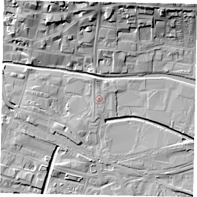 Shaded relief map of the ground around LN57HW, computed from Environment Agency LiDAR. The ground here sits at about 6 m above sea level and falls 18 m across the surrounding 800 m. Surface water reaching this point runs off ground lying to the north-north-west, 1.8 m higher.