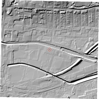 Shaded relief map of the ground around LN57JD, computed from Environment Agency LiDAR. The ground here sits at about 5 m above sea level and falls 19 m across the surrounding 800 m. Surface water reaching this point runs off ground lying to the east, 1.1 m higher.