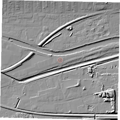 Shaded relief map of the ground around LN57JH, computed from Environment Agency LiDAR. The ground here sits at about 5 m above sea level and falls 12 m across the surrounding 800 m. Surface water reaching this point runs off ground lying to the west-south-west, 0.6 m higher.
