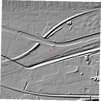 Shaded relief map of the ground around LN57JN, computed from Environment Agency LiDAR. The ground here sits at about 5 m above sea level and falls 10 m across the surrounding 800 m. Surface water reaching this point runs off ground lying to the north-north-east, 1.6 m higher.