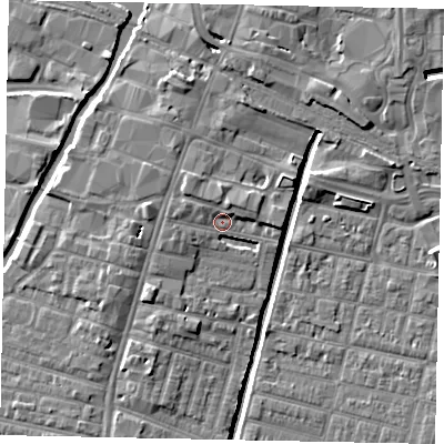 Shaded relief map of the ground around LN57JX, computed from Environment Agency LiDAR. The ground here sits at about 6 m above sea level and falls 7 m across the surrounding 800 m. Surface water reaching this point runs off ground lying to the north-west, 2.1 m higher.